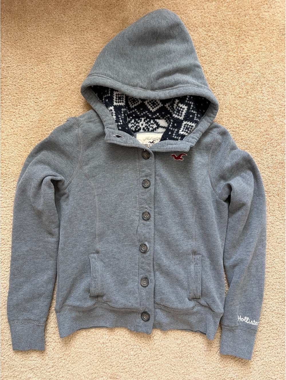 Hollister Sweater Womens Size M Gray Button Front Fair Isle Sherpa Lined